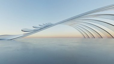 Üç boyutlu soyut dalgalı mimari arka plan, minimum eğimli geometri mimari tasarımı, boş beton zeminli araba sunum arkaplanı, akan geometrik cam bina tasarımı