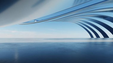 Üç boyutlu soyut dalgalı mimari arka plan, minimum eğimli geometri mimari tasarımı, boş beton zeminli araba sunum arkaplanı, akan geometrik cam bina tasarımı