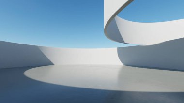 Soyut dalgalı mimari zemin, minimum eğimli geometri mimari tasarımı, boş beton zeminli araba sunum arkaplanı, geometrik beyaz beton bina tasarımı