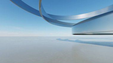Üç boyutlu soyut dalgalı mimari arka plan, minimum eğimli geometri mimari tasarımı, boş beton zeminli araba sunum arkaplanı, akan geometrik metal bina tasarımı