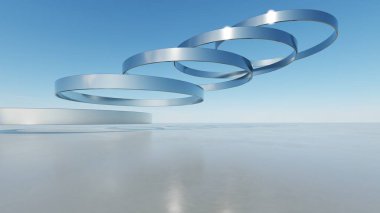 Üç boyutlu soyut dalgalı mimari arka plan, minimum eğimli geometri mimari tasarımı, boş beton zeminli araba sunum arkaplanı, akan geometrik metal bina tasarımı