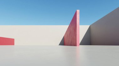 Soyut modern mimari arka plan, minimal geometri mimari tasarımı, boş beton zeminli araba sunumu arkaplanı, Geometrik beyaz bloklar bina tasarımı