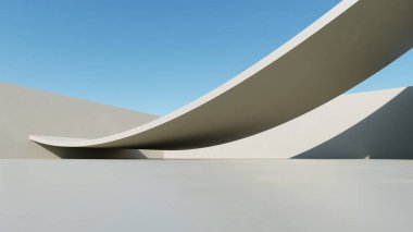 Soyut beyaz kavisli mimari arkaplan, beton zeminli boş alan, fütüristik modern dış fon, araba sunum binasının 3D görüntüsü