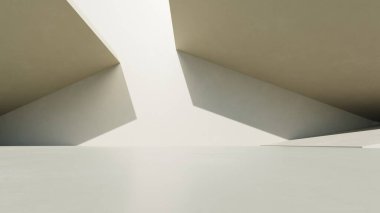 Soyut modern mimari arka plan, minimal geometri mimari tasarımı, boş beton zeminli araba sunumu arkaplanı, Geometrik blok bina tasarımı