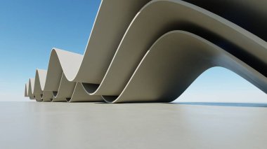 Soyut dalgalı kıvrımlı mimari arkaplan, beton zeminli boş alan, fütürist modern dış fon, araba sunum inşaatının 3D görüntüsü