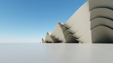 Soyut dalgalı kıvrımlı mimari arkaplan, beton zeminli boş alan, fütürist modern dış fon, araba sunum inşaatının 3D görüntüsü