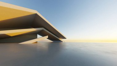 Soyut modern mimari arka plan, minimal geometri mimari tasarımı, boş beton zeminli araba sunumu arkaplanı, Geometrik beyaz bloklar bina tasarımı