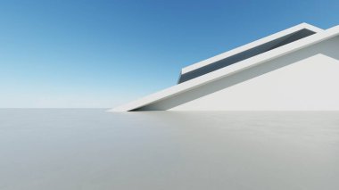 Soyut modern mimari arka plan, minimal geometri mimari tasarımı, boş beton zeminli araba sunumu arkaplanı, Geometrik beyaz bloklar bina tasarımı