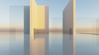 Boş beton zemin ve su ile soyut modern geometri mimarisinin 3D görüntüsü, mavi gökyüzü arka planına karşı dış havuzu olan minimum beyaz bina
