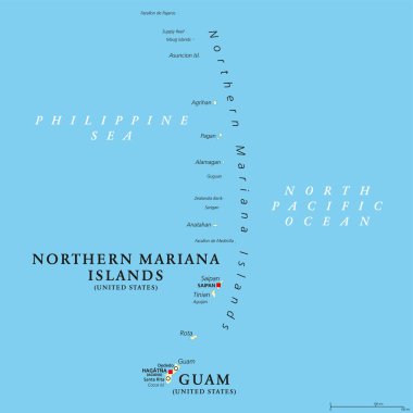 Guam ve Kuzey Mariana Adaları, politik harita. Batı Pasifik Okyanusu 'nun Mikronezya alt biriminde Amerika Birleşik Devletleri' nin iki ayrı bağımsız bölgesi. İllüzyon. Vektör