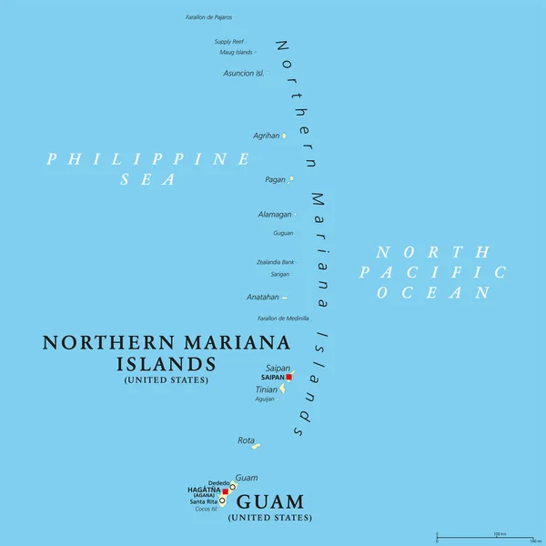 stock vector Guam and Northern Mariana Islands, political map. Two separate unincorporated territories of the United States of America in the Micronesia subregion of the Western Pacific Ocean. Illustration. Vector