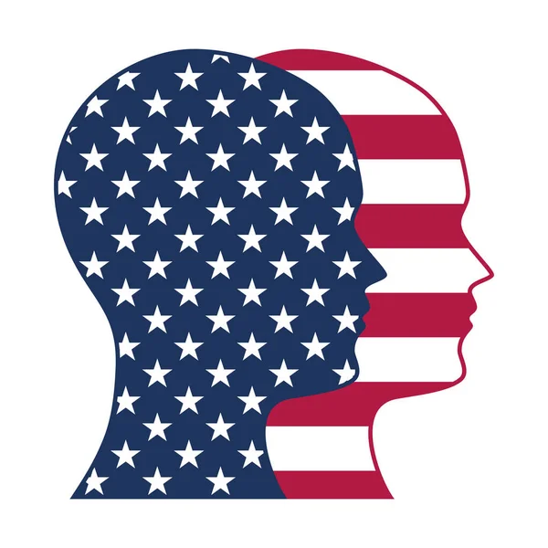 Dos Cabezas Con Motivo Bandera Americana Mirando Misma Dirección Símbolo — Vector de stock