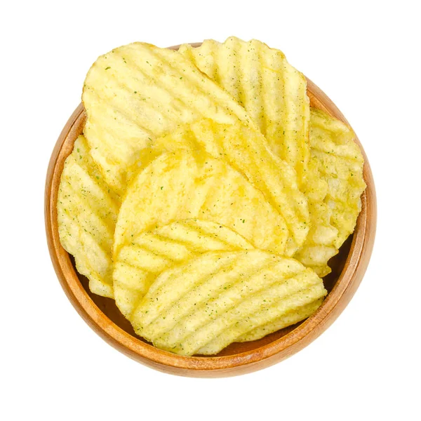 Wasabi Nori Flavored Salted Ruffles Ruffled Potato Chips Wooden Bowl — Stock Photo, Image