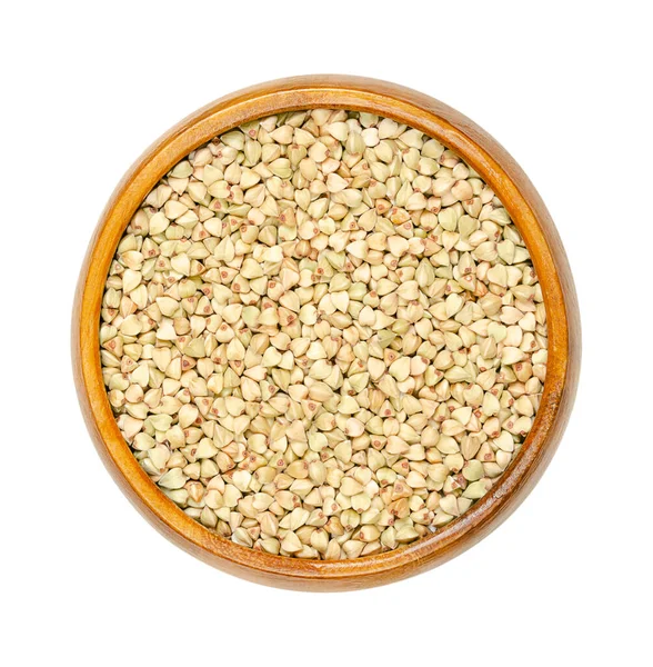 Common Buckwheat Grains Wooden Bowl Hulled Seeds Fagopyrum Esculentum Also — Stock Photo, Image