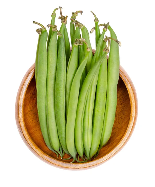 Fresh Green Beans Wooden Bowl Young Unripe Fruits Cultivar Common — Stock Photo, Image