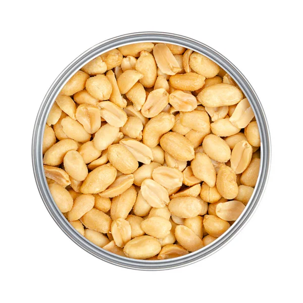 Amendoins Torrados Salgados Uma Lata Aberta Close Cima Isolados Sobre — Fotografia de Stock
