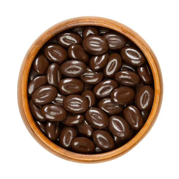 Mörk Choklad Mocka Bönor Träskål Sötsaker Gjorda Blandning Kaffebönssmak Med — Stockfoto