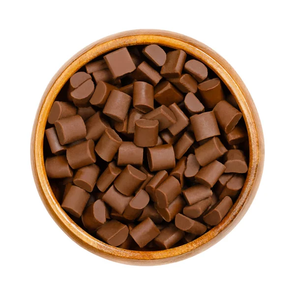 Chocolate Chunks Wooden Bowl Chips Small Morsels Milk Chocolate Used — Stock Photo, Image