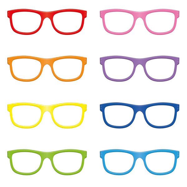 Очки, красочные модные очки, чтобы надеть на кого-то - цветные современные очки с красным, оранжевый, желтый, зеленый, розовый, фиолетовый и синий оптические очки рамка - изолированный вектор на белом фоне.