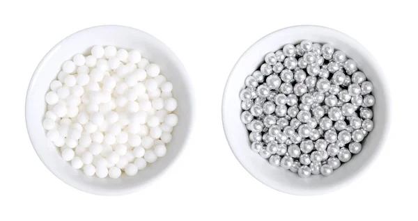 Pérolas Açúcar Brancas Prateadas Para Decorar Taças Brancas Dragees Comestíveis — Fotografia de Stock