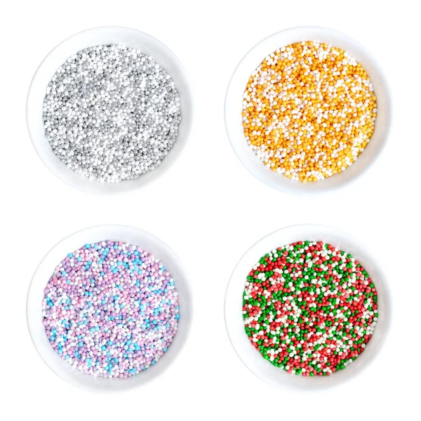 Nonpareils Coloridos Tigelas Brancas Quatro Misturas Coloridas Confeitaria Decorativa Comestível — Fotografia de Stock