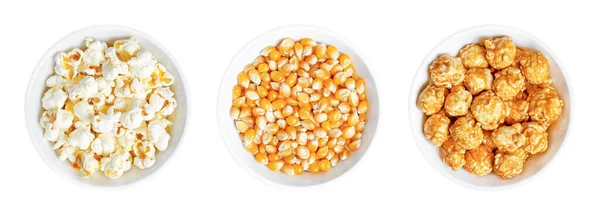 Popcorn Unpopp Geknallt Und Karamellüberzogen Weißen Schalen Schmetterlingsförmiges Popcorn Aufgeblasen — Stockfoto