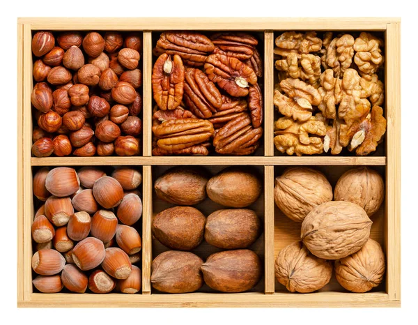 Hazelnuts Pecans Walnuts Wooden Box Compartments Three Different Types Nuts — Stock Photo, Image