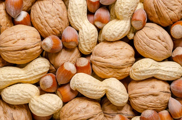 Mixed Nuts Shells Snack Nuts Background Unshelled Hazelnuts Peanuts Walnuts — Stock Photo, Image
