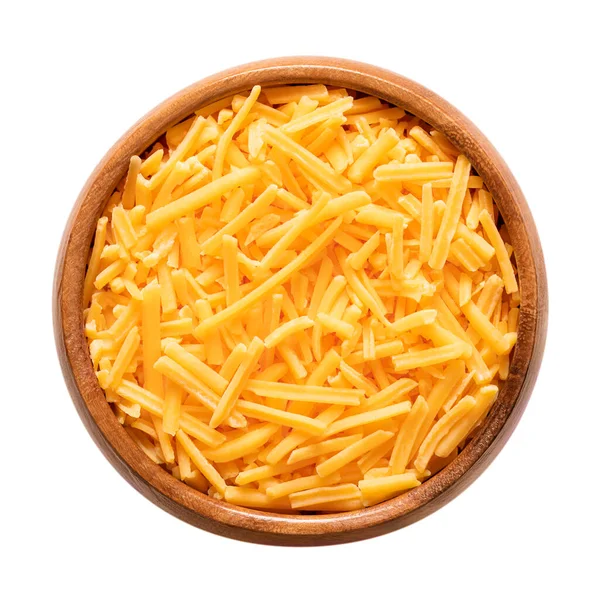 Tahta Bir Kasede Dilimlenmiş Çedar Peyniri Rendelenmiş Doğal Peynir Renkli — Stok fotoğraf