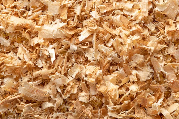 Wood chips, surface of small chippings of wood. Coarse sawdust, formed by sawing dried spruce. A by-product and waste product, mainly used as additive for chipboards and wood pulp. Macro photo.