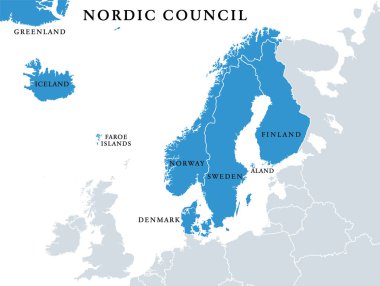 Nordic Council members, political map. Cooperation among the Nordic states Denmark, Finland, Iceland, Norway and Sweden, the autonomous territories Faroe Islands and Greenland, and the region Aland. clipart