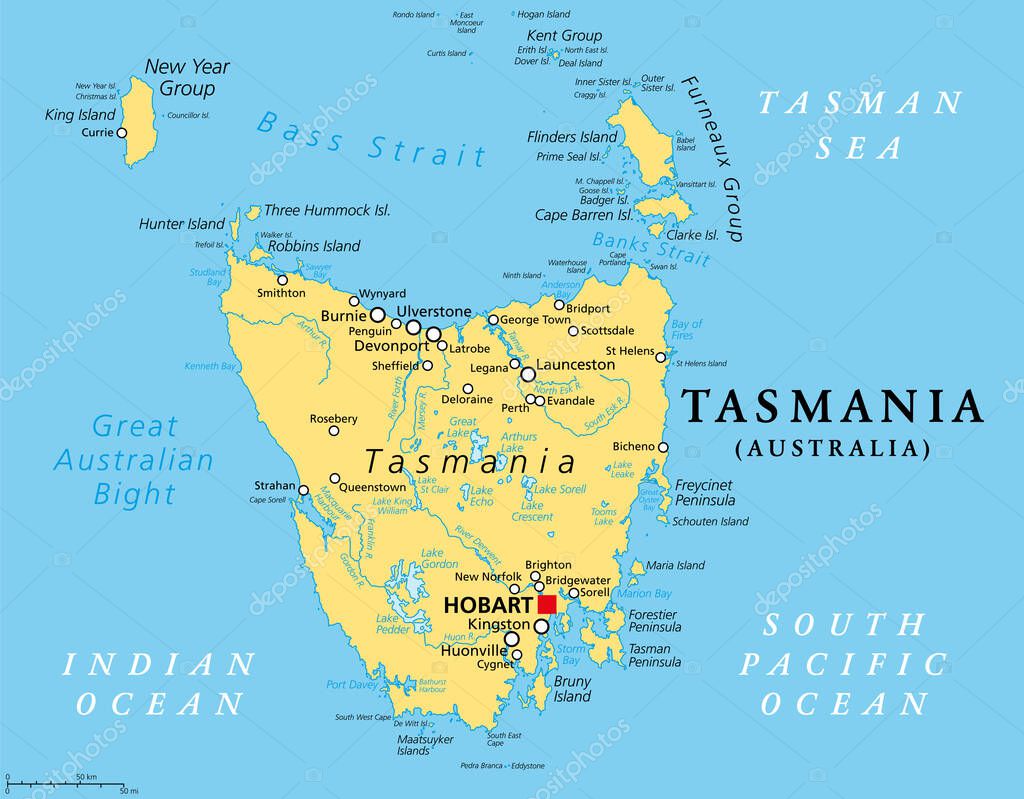 Tasmania, island state of Australia, political map. Located south of