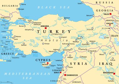 Turkey and Syria region, political map. Geographic area of the peninsula Anatolia, with neighbouring and surrounding countries. Map with capitals, largest cities, and most important rivers and lakes.
