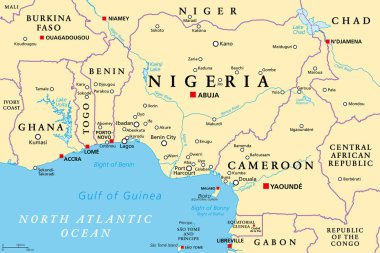 Nigeria and West Africa countries on the Gulf of Guinea, political map. Ghana, Togo, Benin, Nigeria, Cameroon, Equatorial Guinea, and Sao Tome And Principe, with borders, capitals and largest cities. clipart