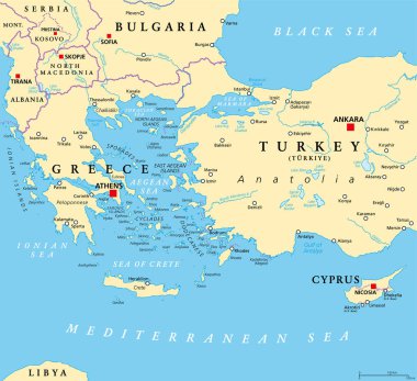 Ege Adaları ile Ege Denizi bölgesi, siyasi harita. Avrupa ile Asya arasında, Balkanlar ile Anadolu, Yunanistan ve Türkiye arasında yer alan Akdeniz 'in uzun bir embayramı. Vektör.