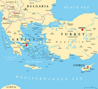 Aegean Sea region with Aegean Islands, political map. An elongated embayment of the Mediterranean Sea, located between Europe and Asia, and between the Balkans and Anatolia, Greece and Turkey. Vector. clipart