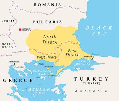 Thrace, geographical and historical region in Southeast Europe, political map. Modern boundaries of Thrace, split among Bulgaria, Greece and Turkey, bounded by Balkan Mountains, Aegean and Black Sea.