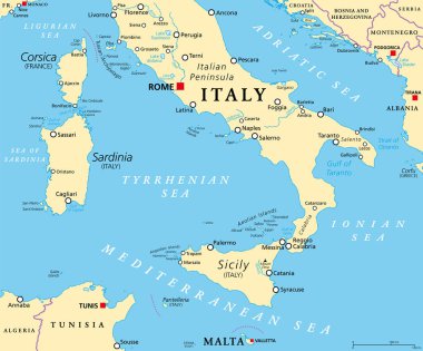 Southern Italy, known as Meridione or Mezzogiorno, political map. Macroregion of Italy consisting of its southern regions Abruzzo, Apulia, Basilicata, Calabria, Campania, Molise, Sardinia, and Sicily.