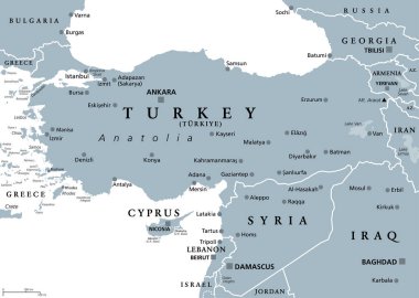 Turkey and Syria region, gray political map. Geographic area of Anatolia, a peninsula and landmass making up most of the territory of contemporary Turkey, with neighbouring and surrounding countries.