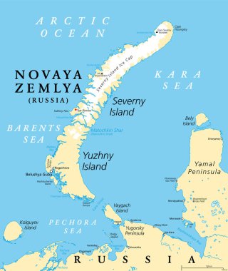 Novaya Zemlya, archipelago in northern Russia, political map. Situated in Arctic Ocean, between Barents Sea and Kara Sea, consisting of Severny Island and Yuzhny Island. Nuclear weapons testing venue.