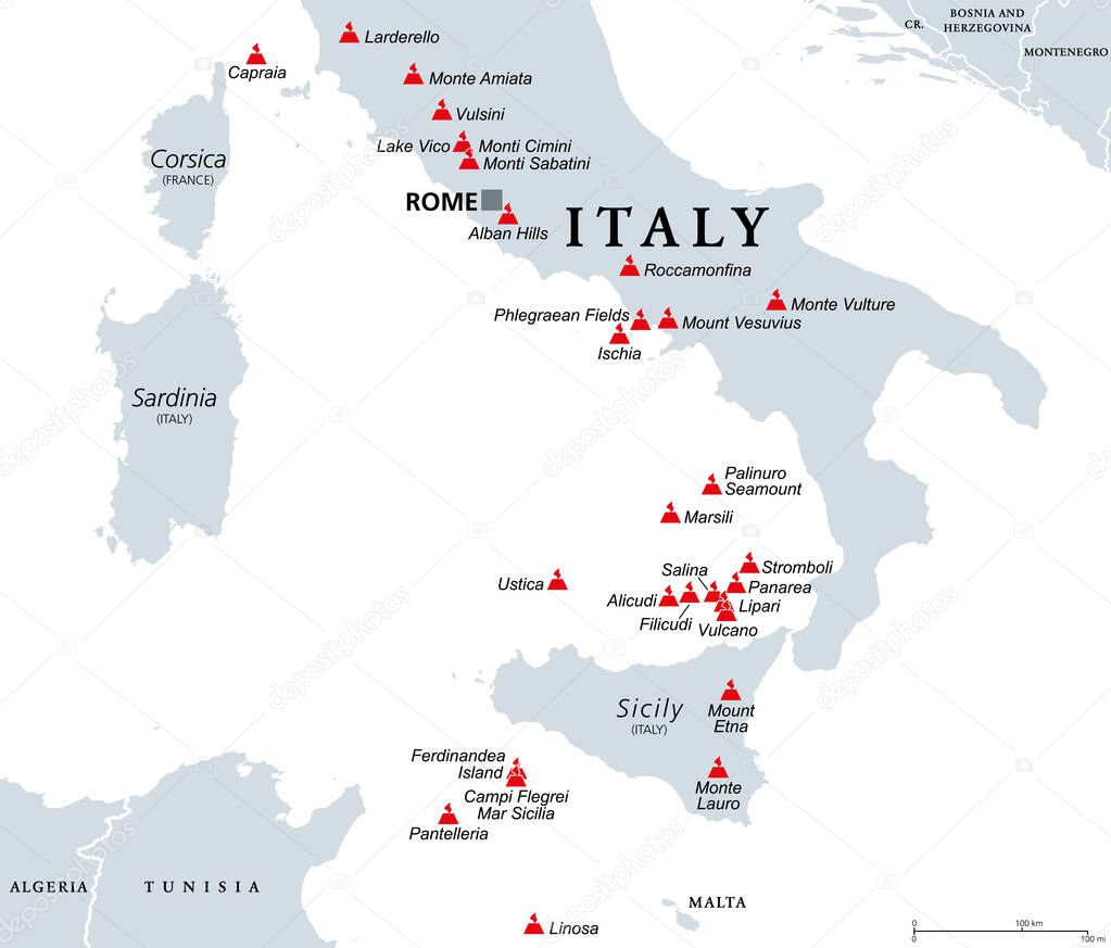 Italy Active Extinct Volcanoes Political Map Active Dormant Underwater ...