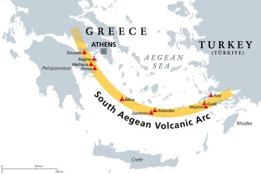 South Aegean Volcanic Arc map. Chain of volcanoes formed by plate tectonics, caused by subduction of the African beneath the Eurasian plate, raising the Aegean arc across what is now the Aegean Sea.