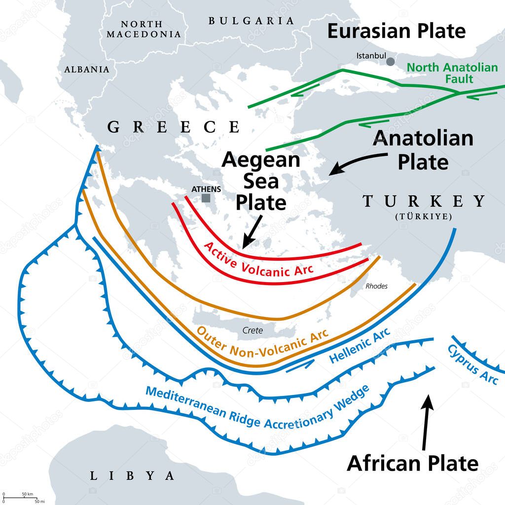 Aegean Sea Plate and Hellenic Arc, gray tectonic map. The Aegean or also Hellenic Plate, is a