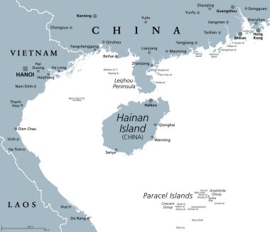Hainan, Çin 'in en güneyindeki bölge ve çevreleyen bölge, gri politik harita. Hainan Adası ve Güney Çin Denizi 'ndeki Paracel Adaları, Leizhou Yarımadası' nın güneyi ve Tonkin Körfezi 'nin doğusu..