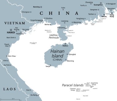 Hainan, southernmost province of China, and surrounding area, gray political map. Hainan Island, and Paracel Islands in the South China Sea, south of the Leizhou Peninsula, and east of Gulf of Tonkin. clipart