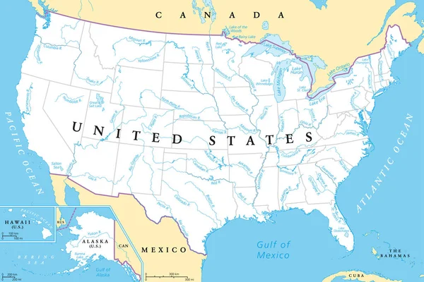Stany Zjednoczone Rzeki Jeziora Mapa Polityczna Główne Łodygi Najdłuższych Rzek — Wektor stockowy