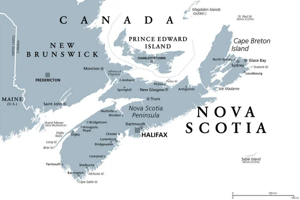 新斯科舍省 加拿大海洋和大西洋省 灰色政治地图 布列塔尼角岛和新斯科舍省半岛 首府哈利法克斯 靠近缅因湾和大西洋沿岸 — 图库矢量图片