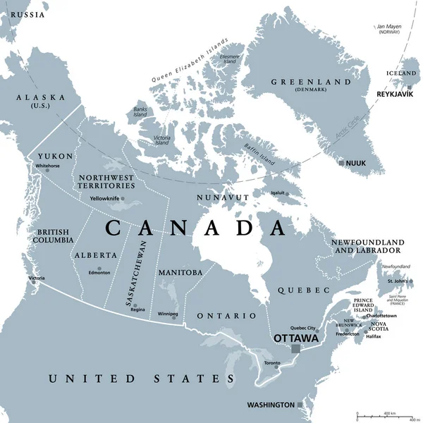 加拿大 行政区划 灰色政治地图 加拿大10个省和3个领土 其边界和首都 北美国家 世界第二大国家 — 图库矢量图片