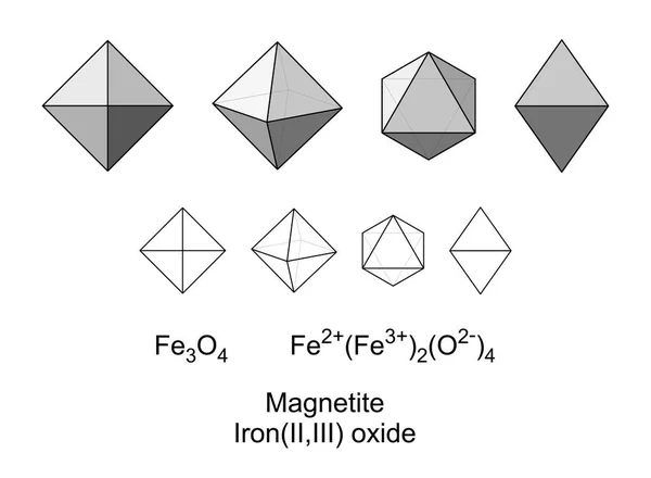 磁铁矿 化学式和八面体晶体结构 Iii 氧化物 是所有矿物中最具磁性的 呈双金字塔状 柏拉图固体 可以在人脑中找到 — 图库矢量图片
