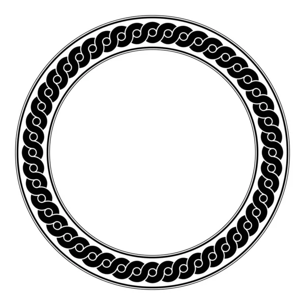 絡み合った波のパターン 円のフレーム 2本の黒い蛇紋岩の線が円の境界を形成し 重なり合う波の間に点がある 古代ギリシャの陶器のモチーフ 白の上に隔離されたイラスト — ストックベクタ